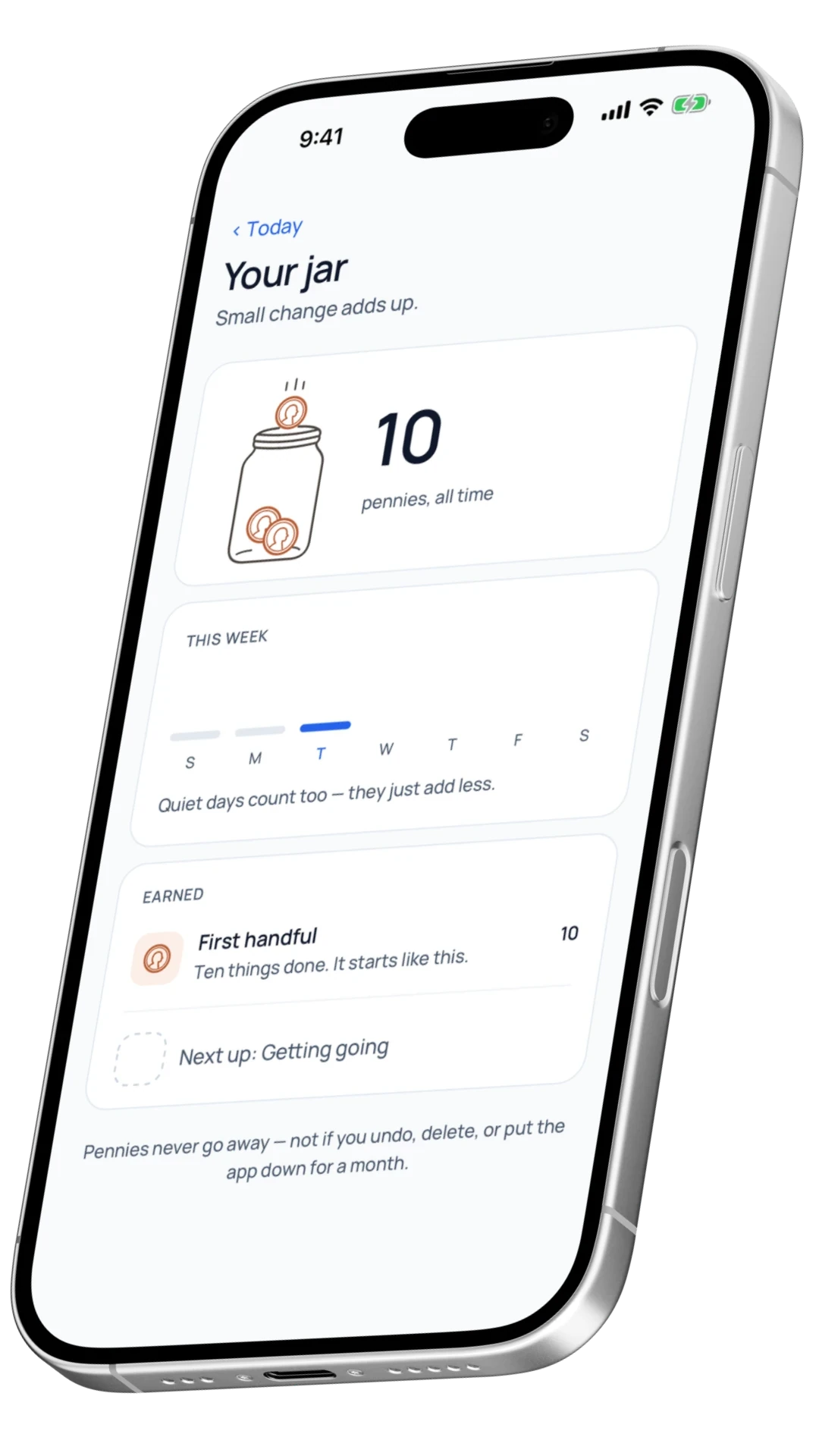 The jar screen on an iPhone: ten pennies earned all time, and a milestone called First handful.